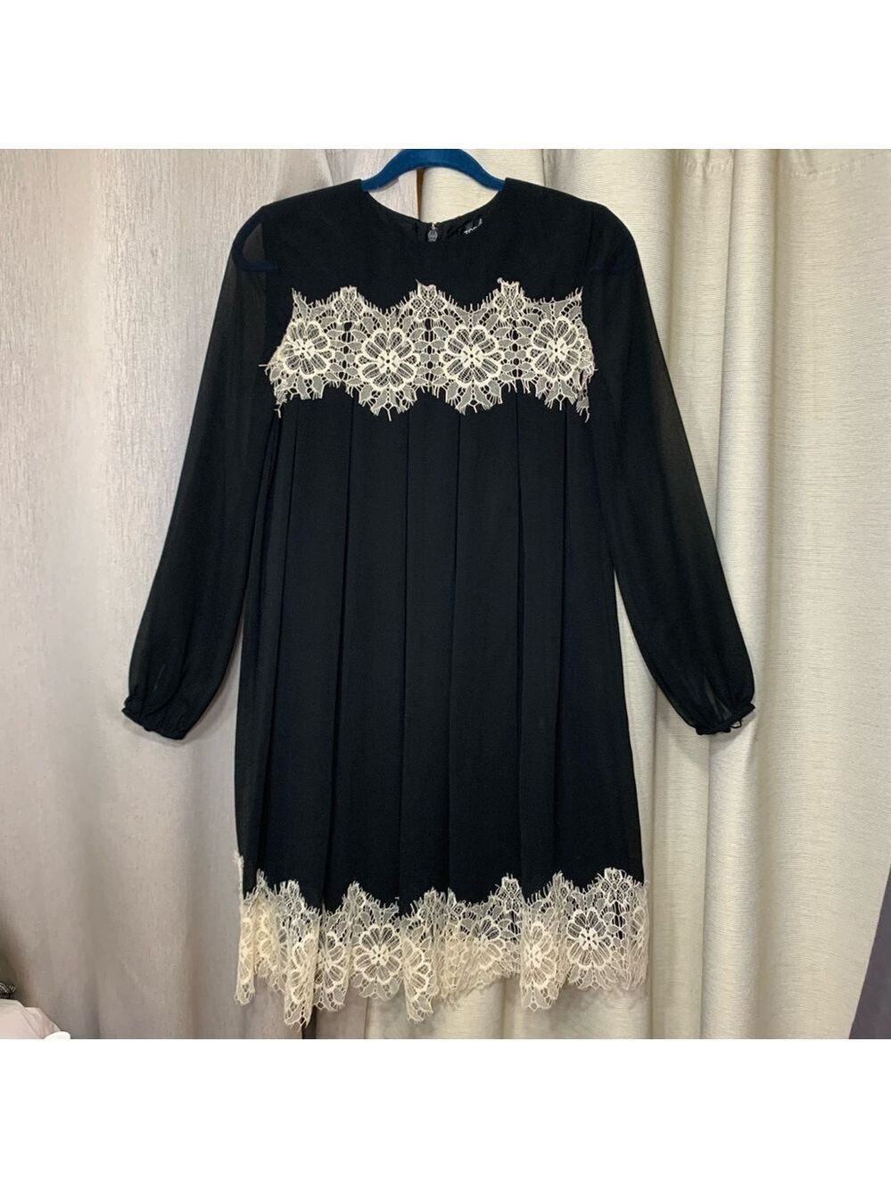 Topshop Black Chiffon Lace Dress Sz 2 Sheer Long Sleeve Feminine Romantic - Picture 13 of 14